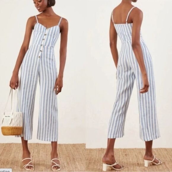 Reformation Pants - Reformation Torta Linen Blue Stripe Sleeveless Button Front Jumpsuit Size 10